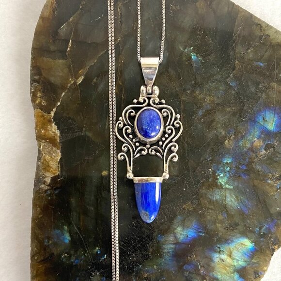Sterling Silver 925 Lapis Lazuli Scrollwork 2 Stone Pendant Necklace 18" Chain - Picture 1 of 16